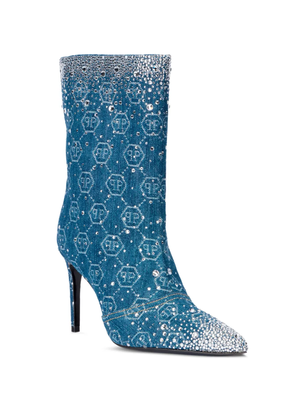 Philipp Plein monogram rhinestone denim boots Blauw