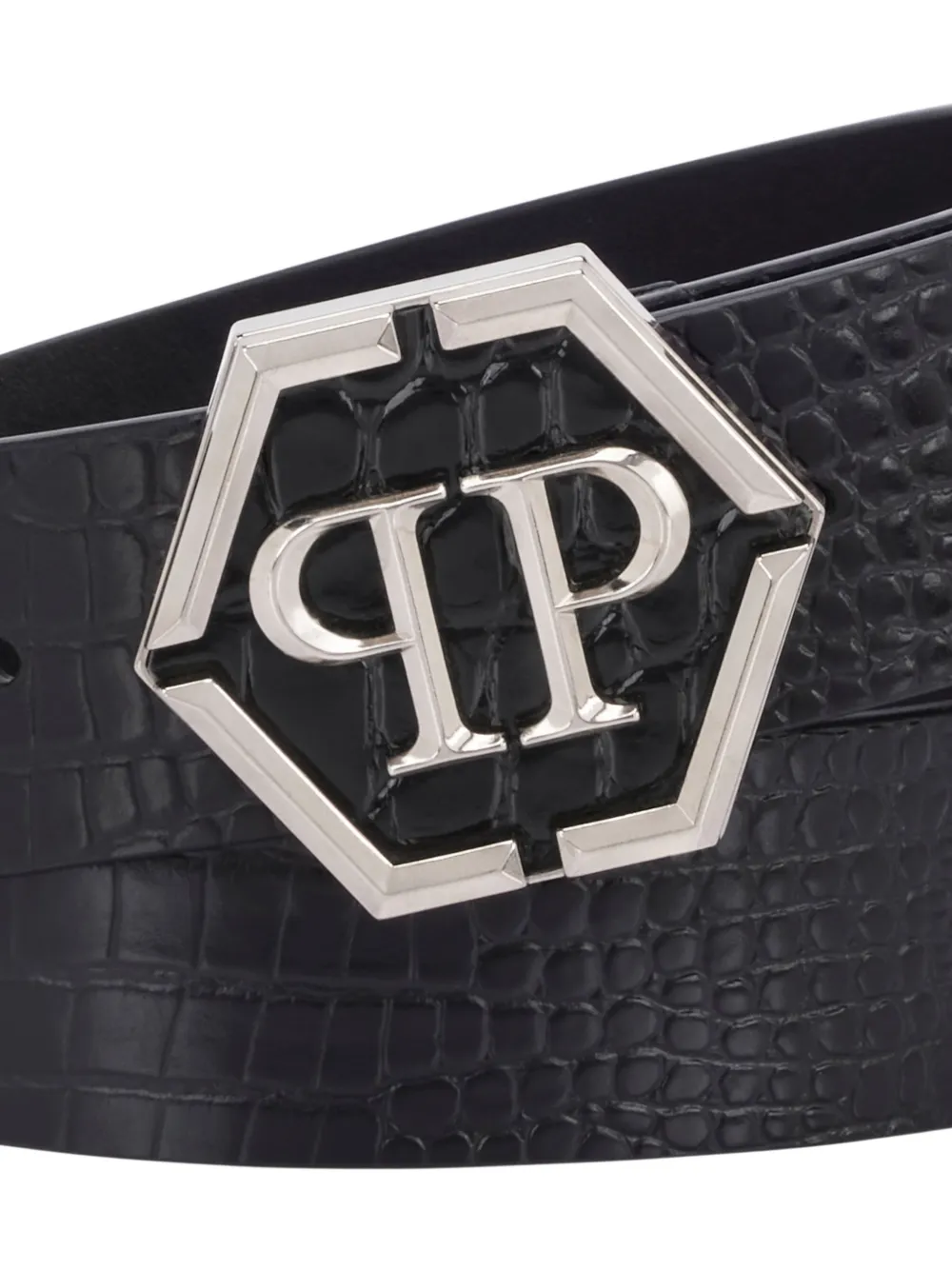 Philipp Plein Cocco Buckle Leather Belt - Black 
