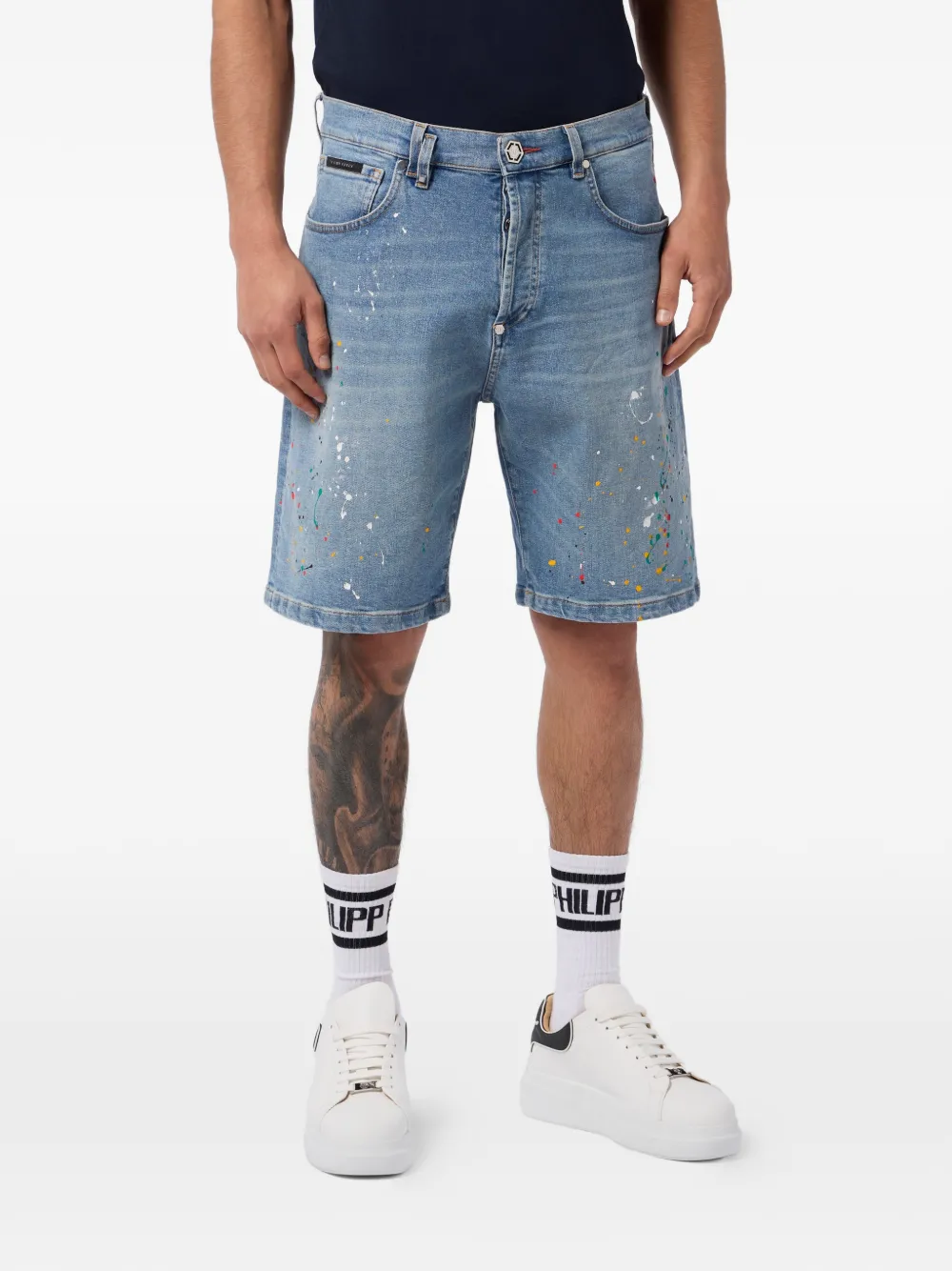 Philipp Plein Denim shorts met verfspatten-effect Blauw