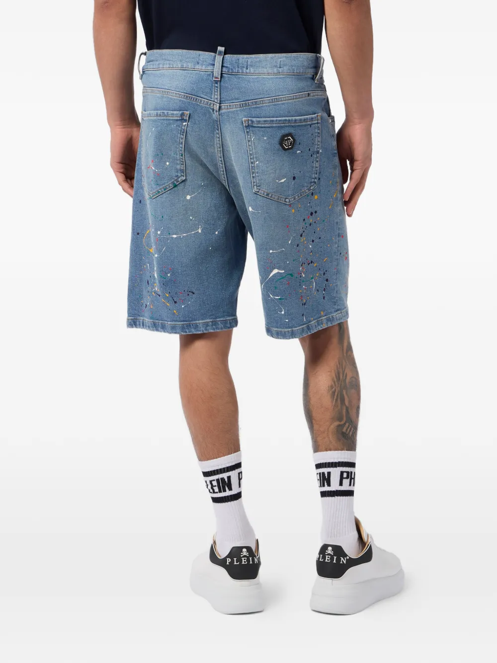 Philipp Plein Denim shorts met verfspatten-effect Blauw