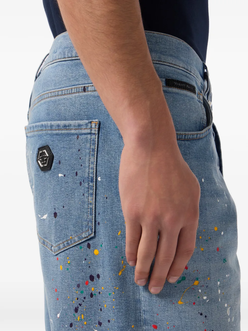 Philipp Plein Denim shorts met verfspatten-effect Blauw