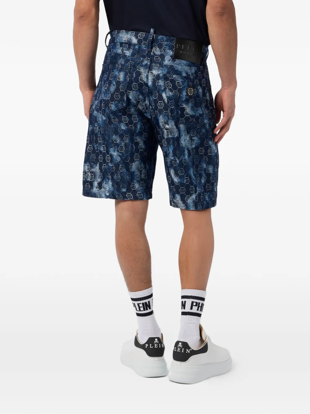 Philipp Plein Denim shorts met monogram-patroon Blauw