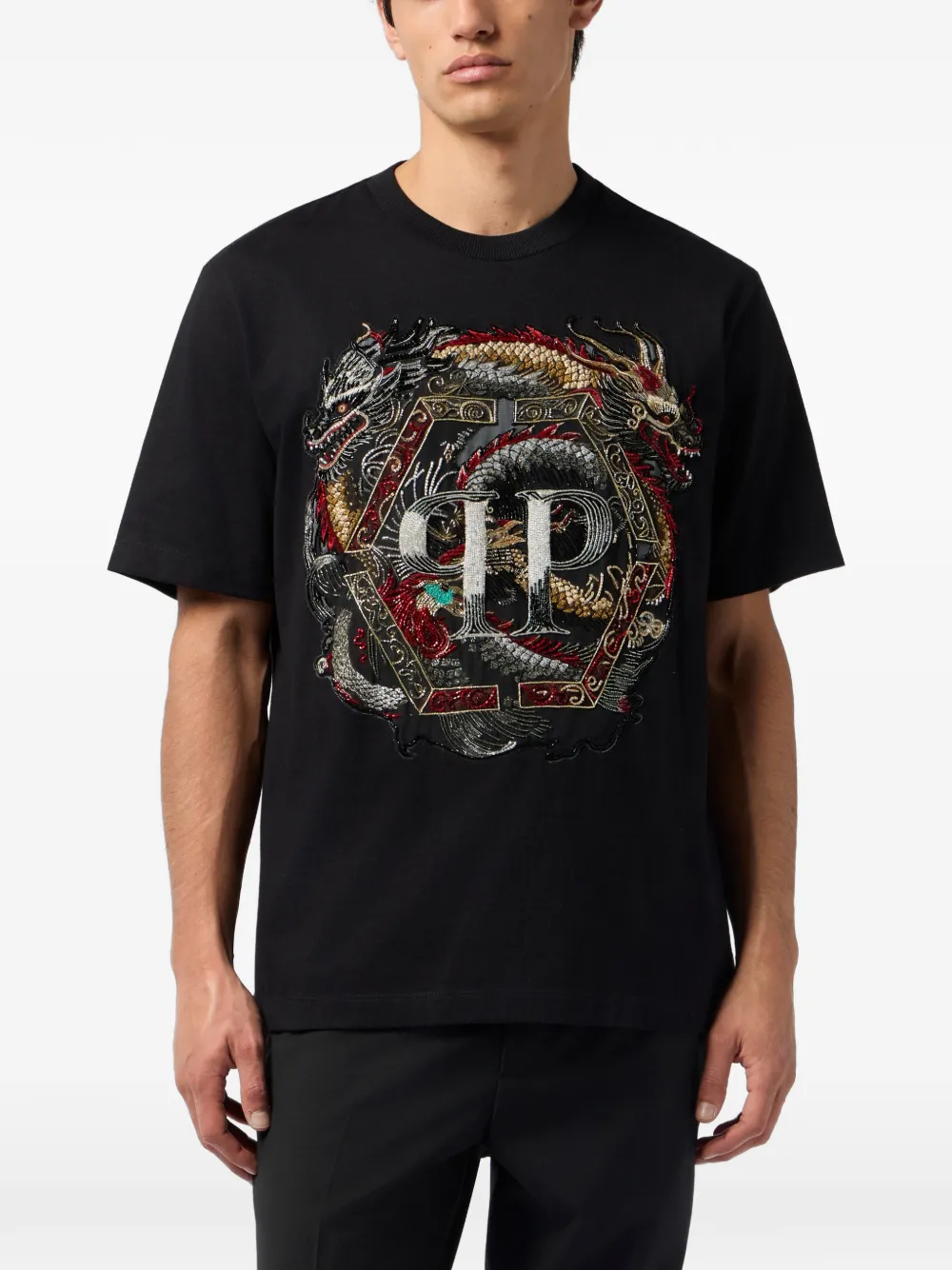 Philipp Plein T-shirt met ronde hals en drakenpatroon Zwart