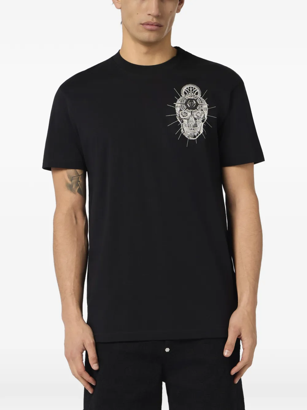 Philipp Plein T-shirt met geborduurde doodskop en ronde hals Zwart