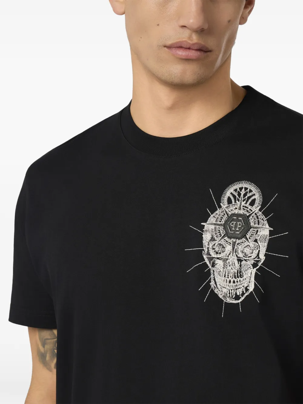 Philipp Plein T-shirt met geborduurde doodskop en ronde hals Zwart