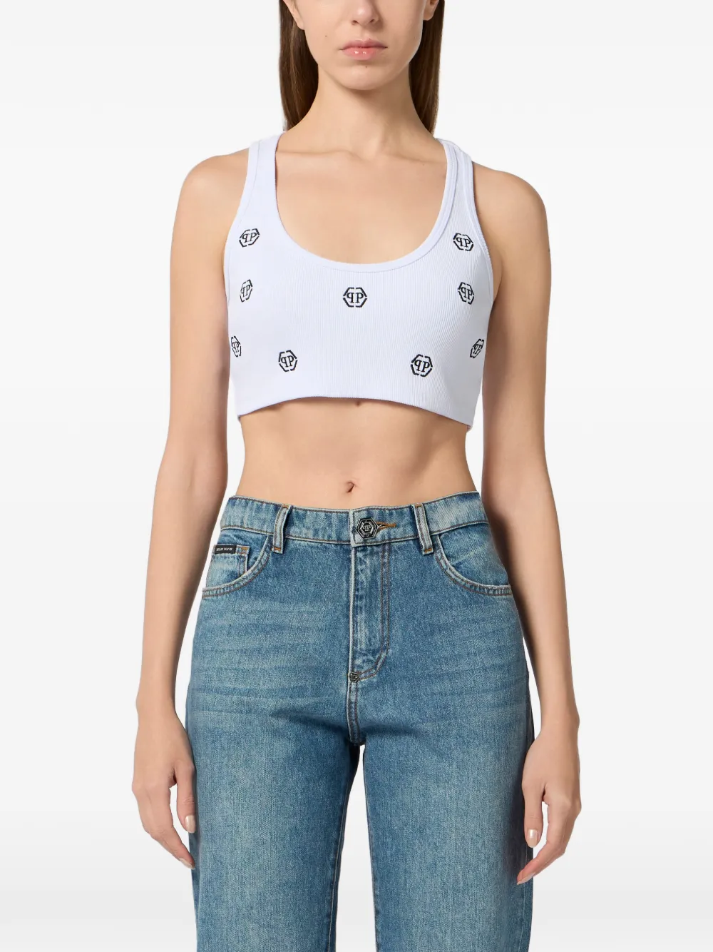 Philipp Plein Monogram Ribbed Top - White 