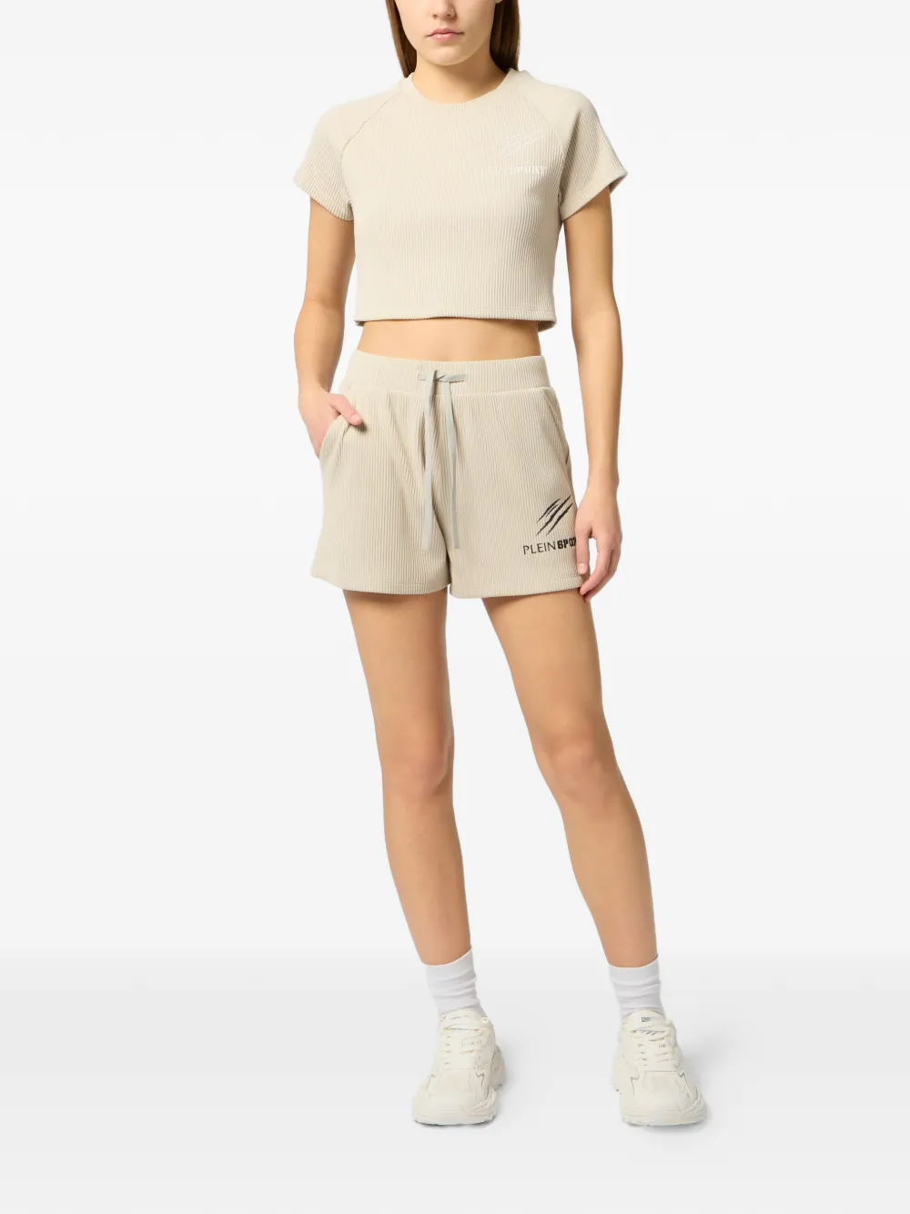 Plein Sport Geribbelde shorts met tekst Beige