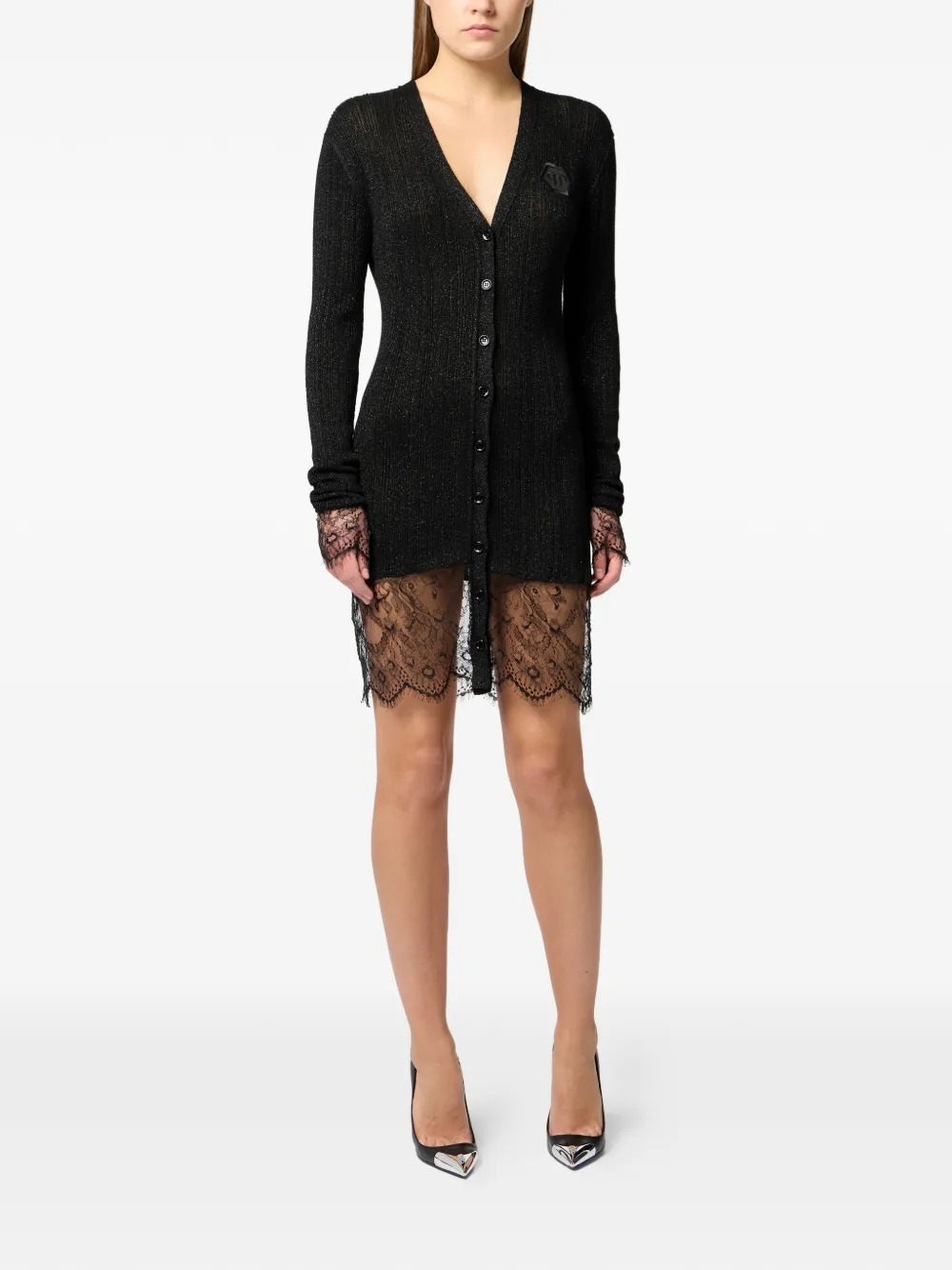 buttoned-up lace-detail mini dress