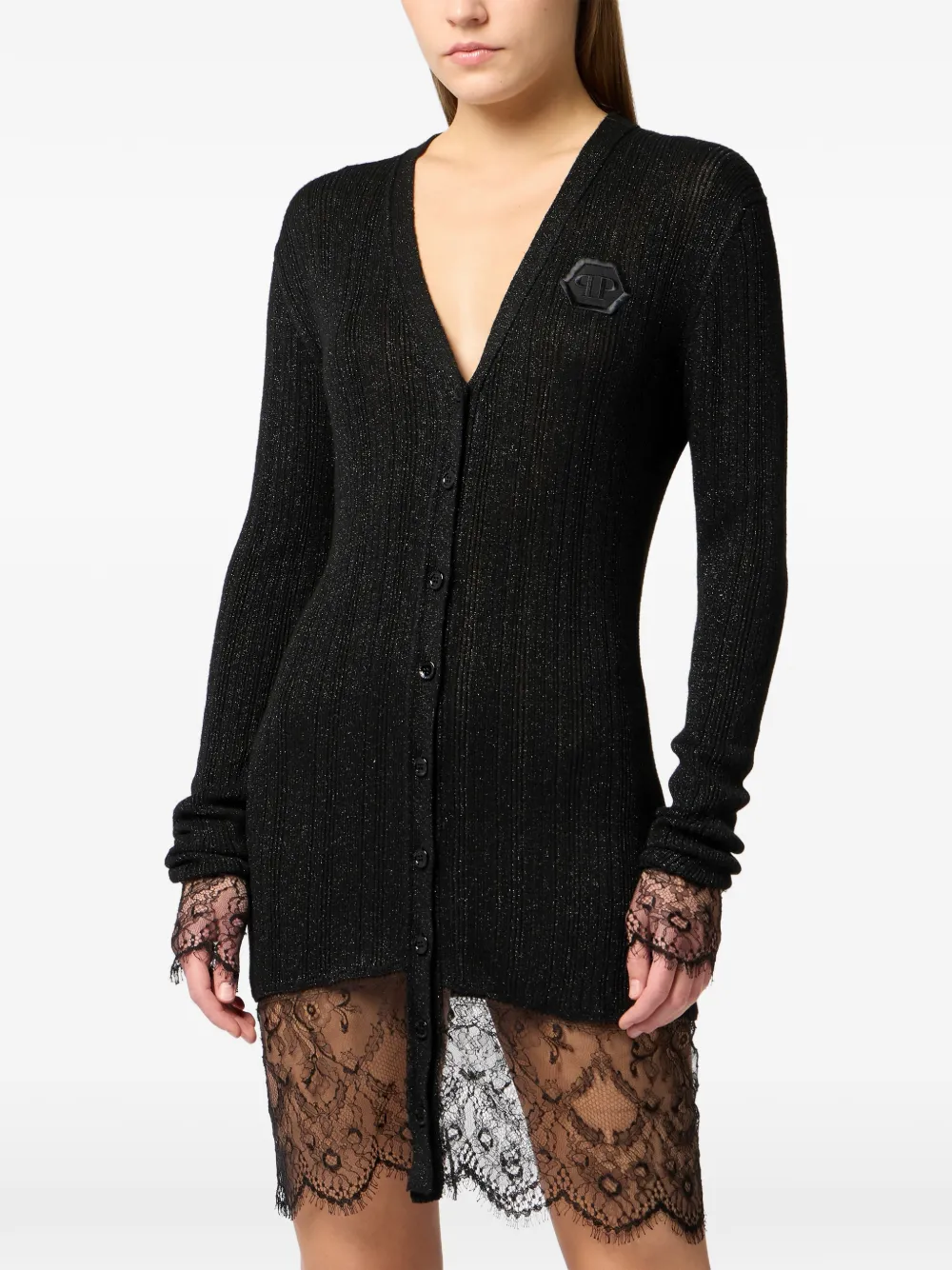 buttoned-up lace-detail mini dress