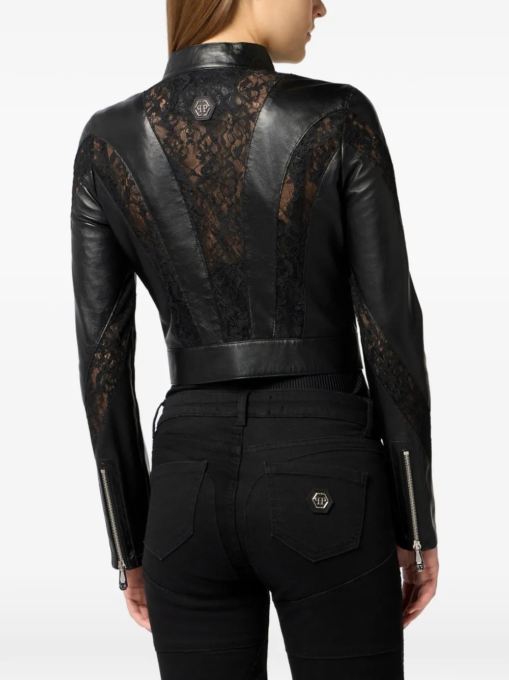 Philipp Plein Getailleerd bikerjack met kanten vlakken Zwart