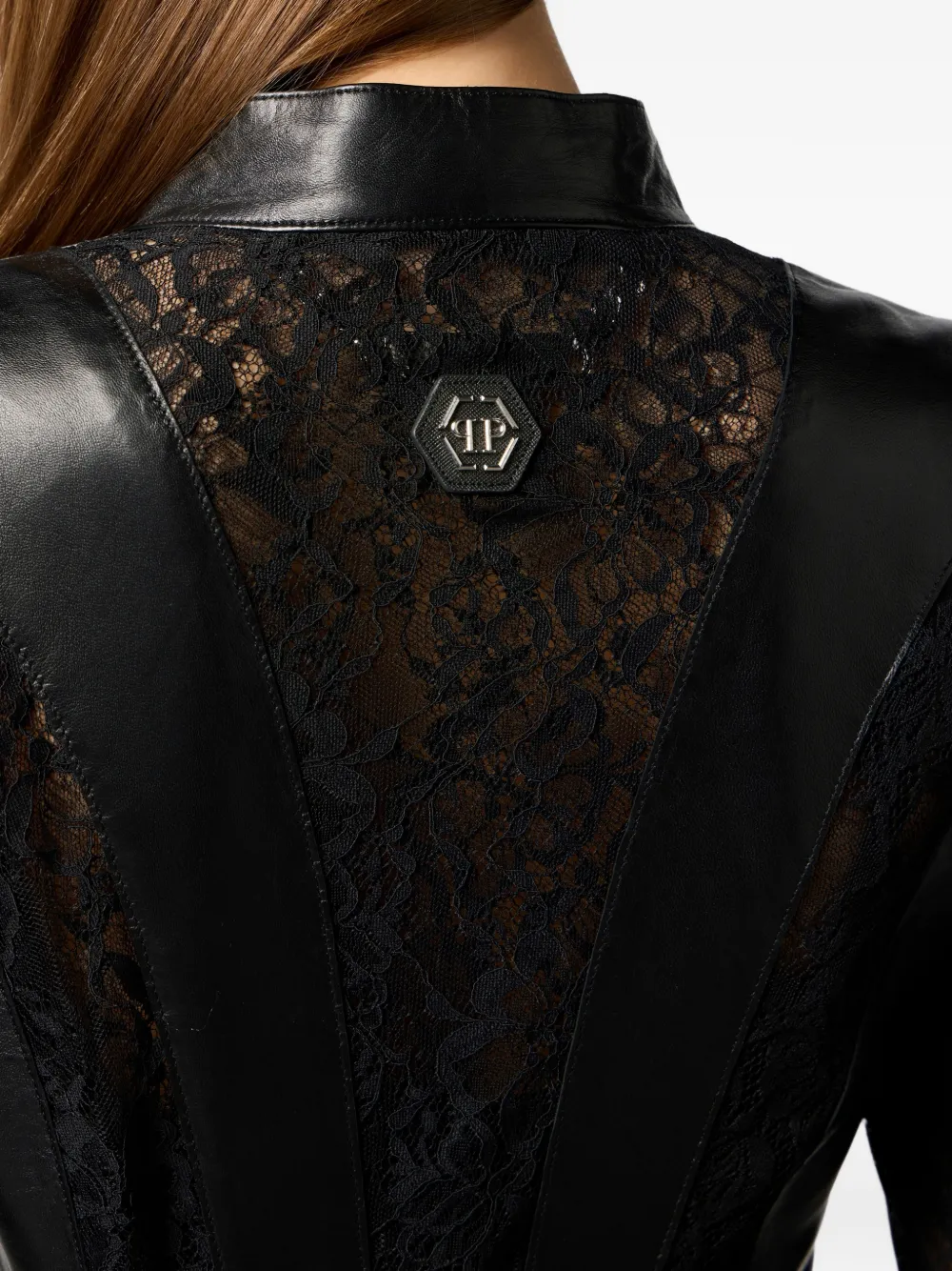 Philipp Plein Getailleerd bikerjack met kanten vlakken Zwart