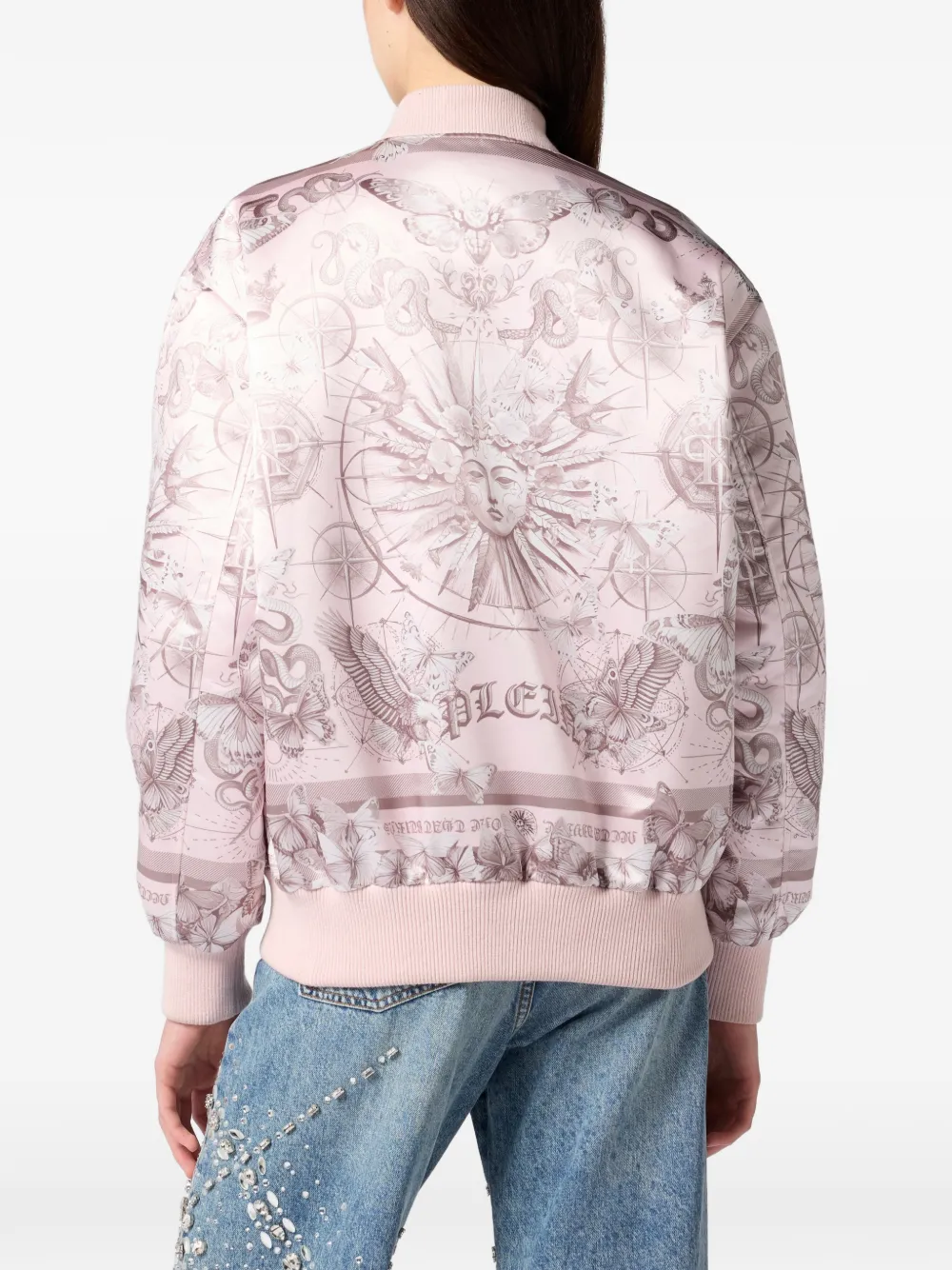 Philipp Plein Oversized satijnen bomberjack met vlindertatoeage Roze