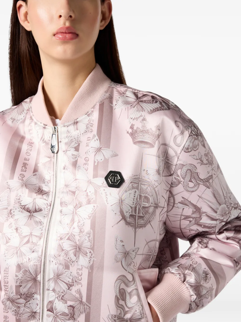 Philipp Plein Oversized satijnen bomberjack met vlindertatoeage Roze