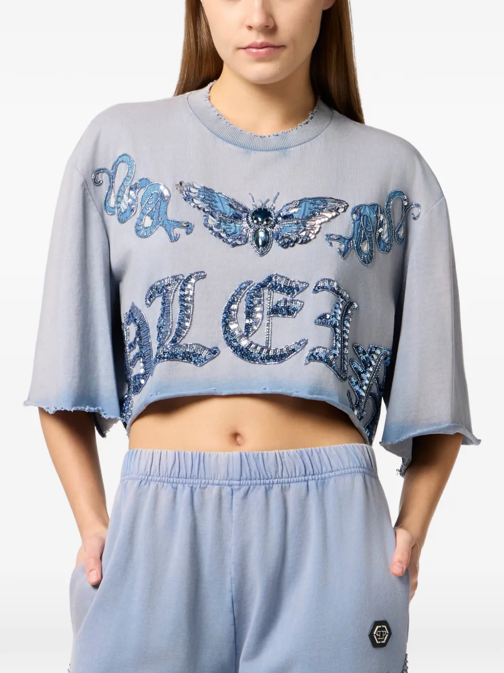 Philipp Plein Cropped T-shirt met vlinderpatroon Blauw