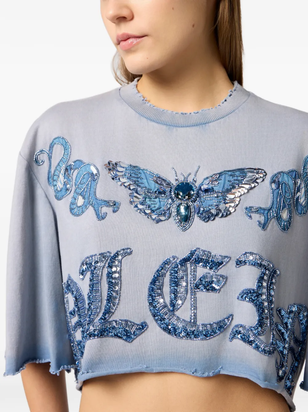 Philipp Plein Cropped T-shirt met vlinderpatroon Blauw