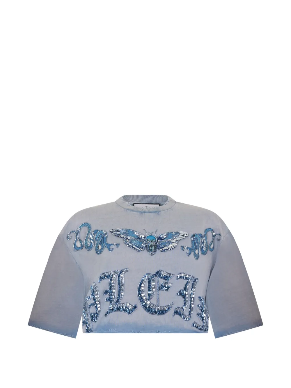 Philipp Plein Cropped-T-Shirt mit Schmetterlingsmotiv - Blau