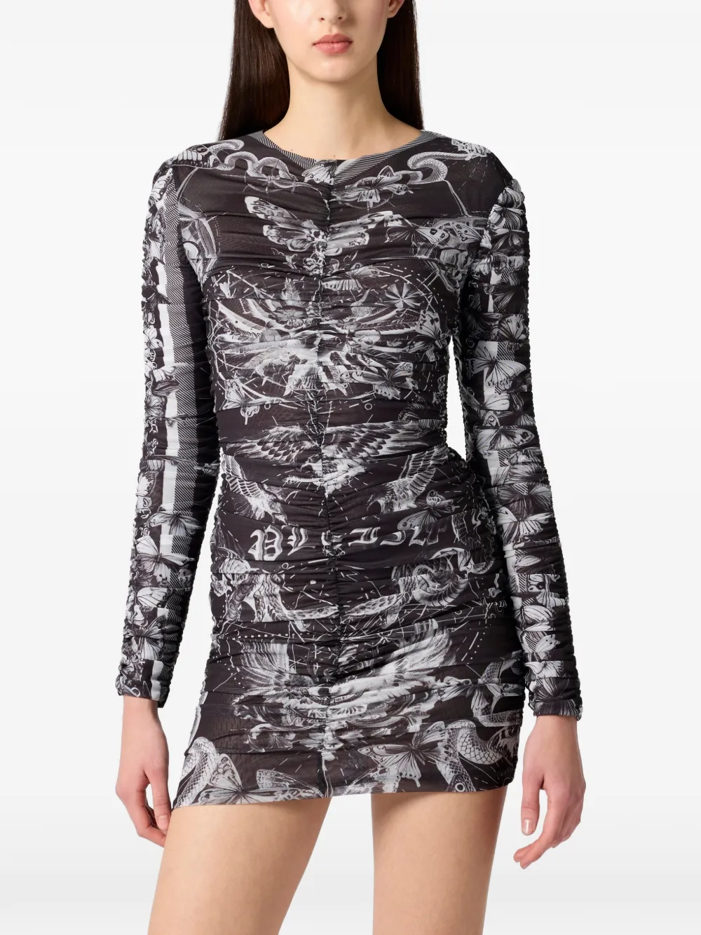 Philipp Plein wrinkled butterfly-print mini dress - Schwarz