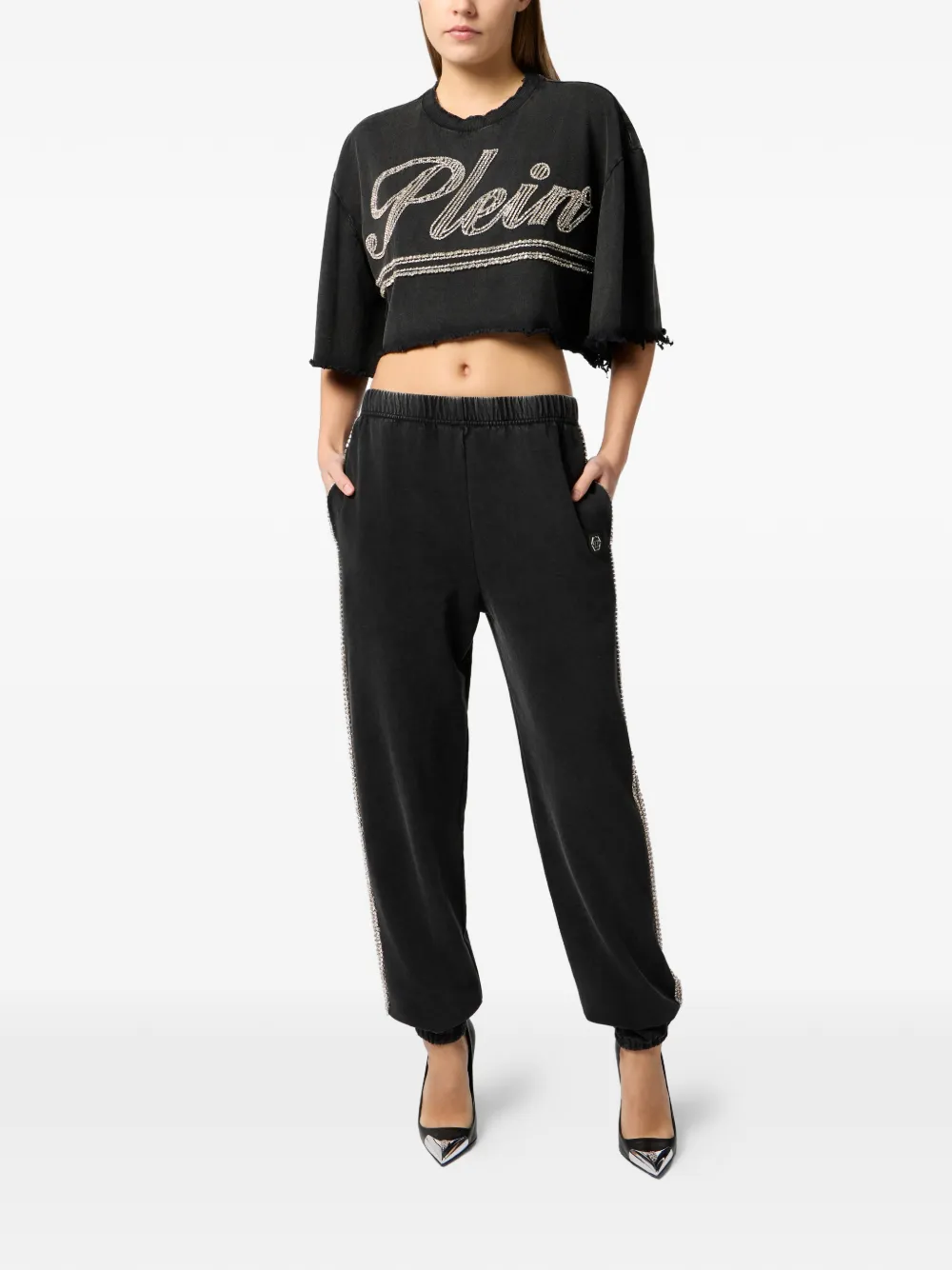 Philipp Plein Cropped T-shirt met stras en logo Zwart