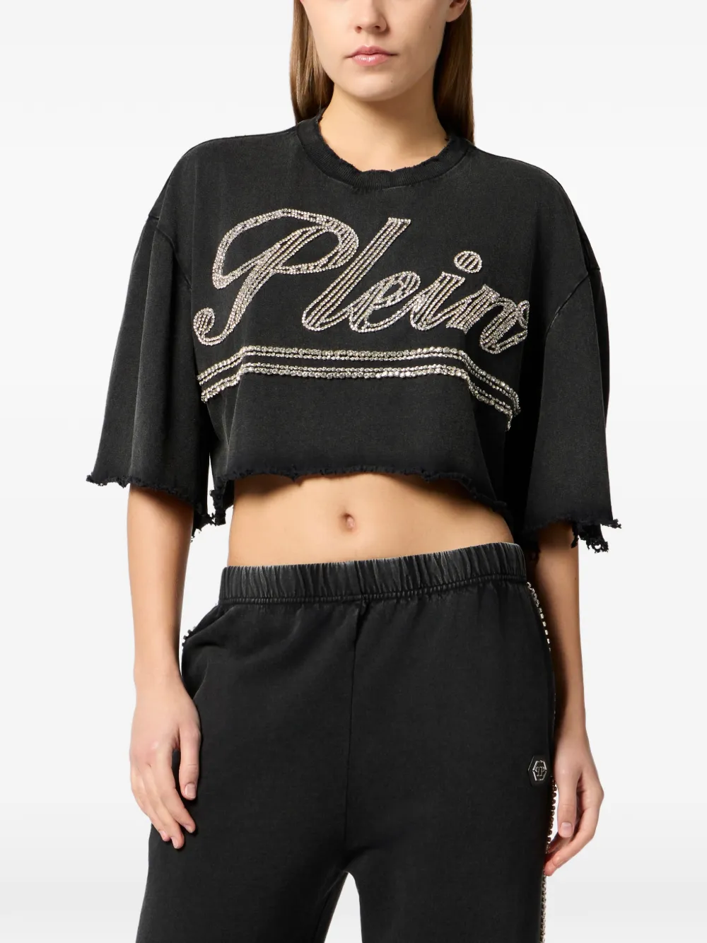 Philipp Plein Cropped T-shirt met stras en logo Zwart