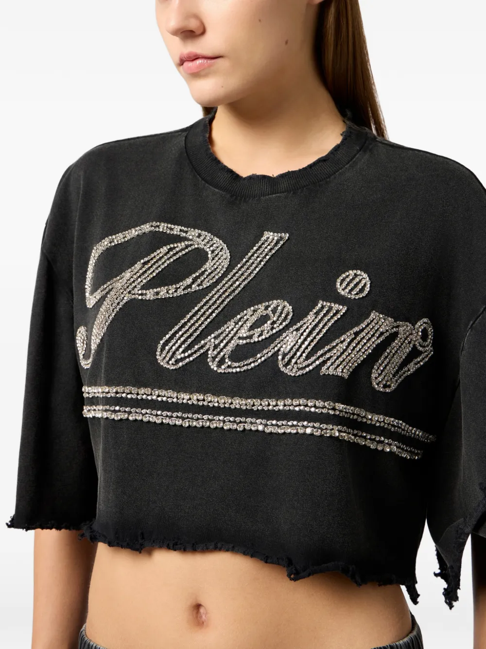 Philipp Plein Cropped T-shirt met stras en logo Zwart