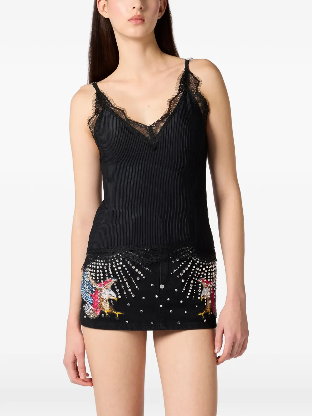 Philipp Plein Geribbelde tanktop met kant Zwart