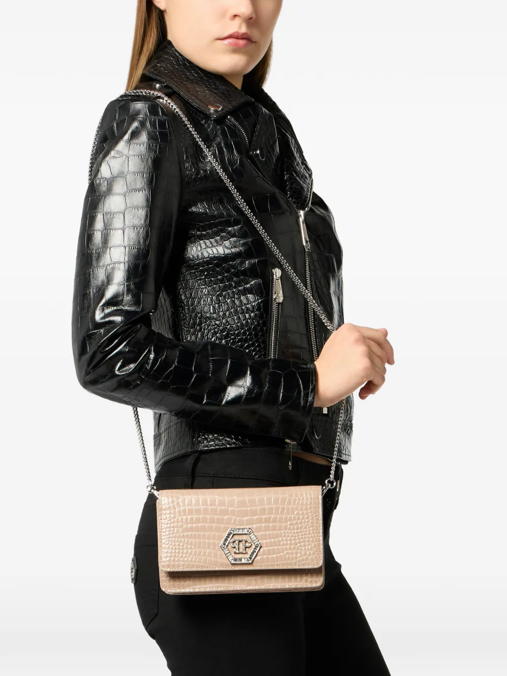 Philipp Plein Clutch met zeshoekig logo Beige