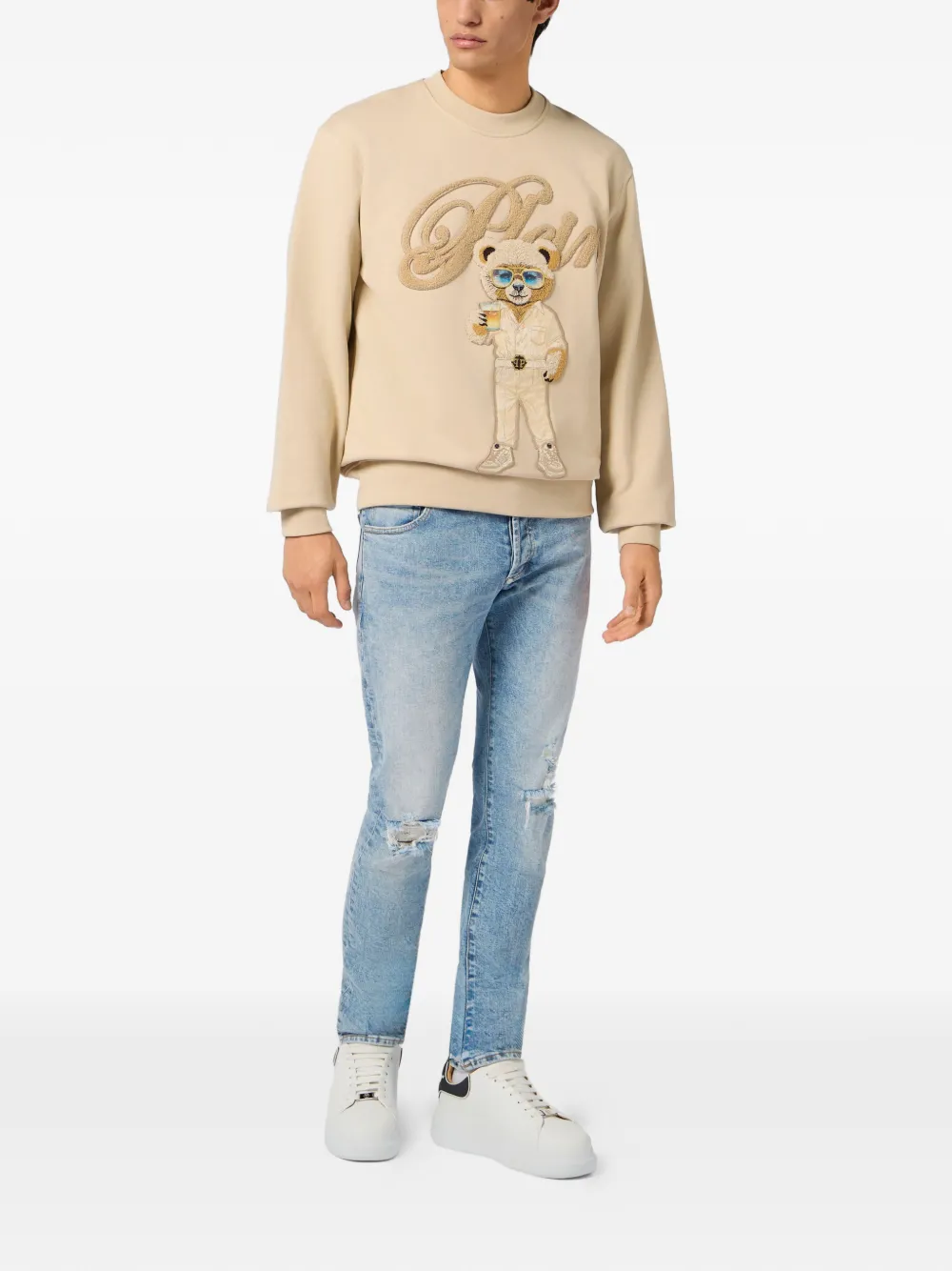 Philipp Plein Sweater met teddy-print en ronde hals Beige