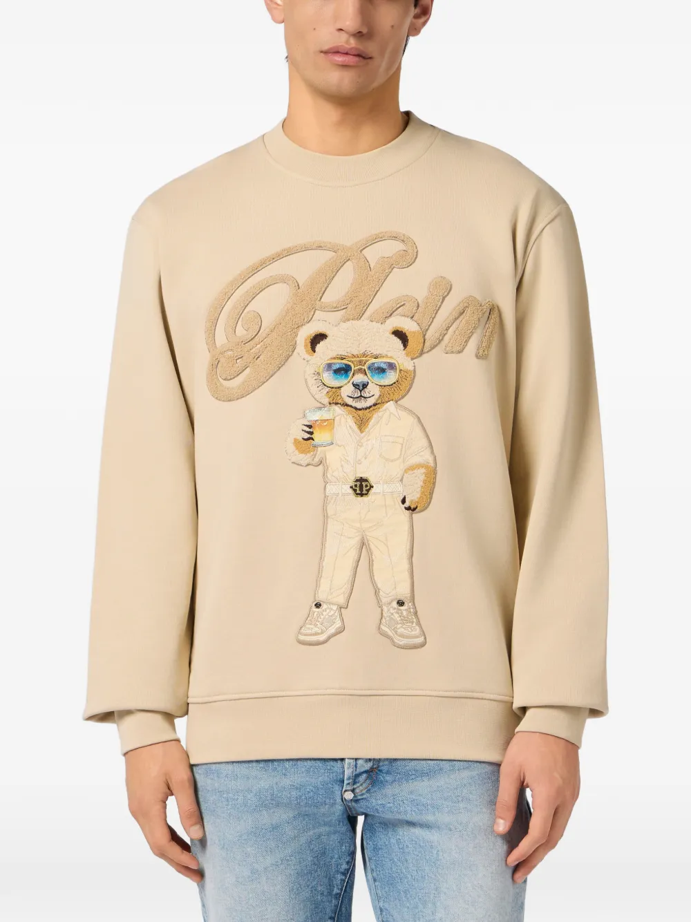 Philipp Plein Sweater met teddy-print en ronde hals Beige
