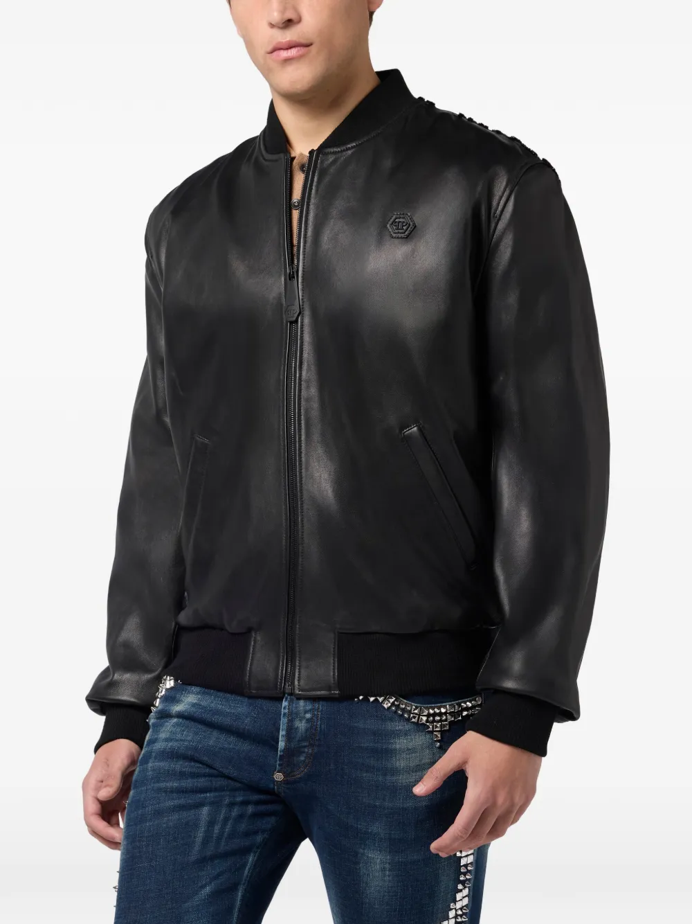  Philipp Plein Leather Bomber Jacket - Black 