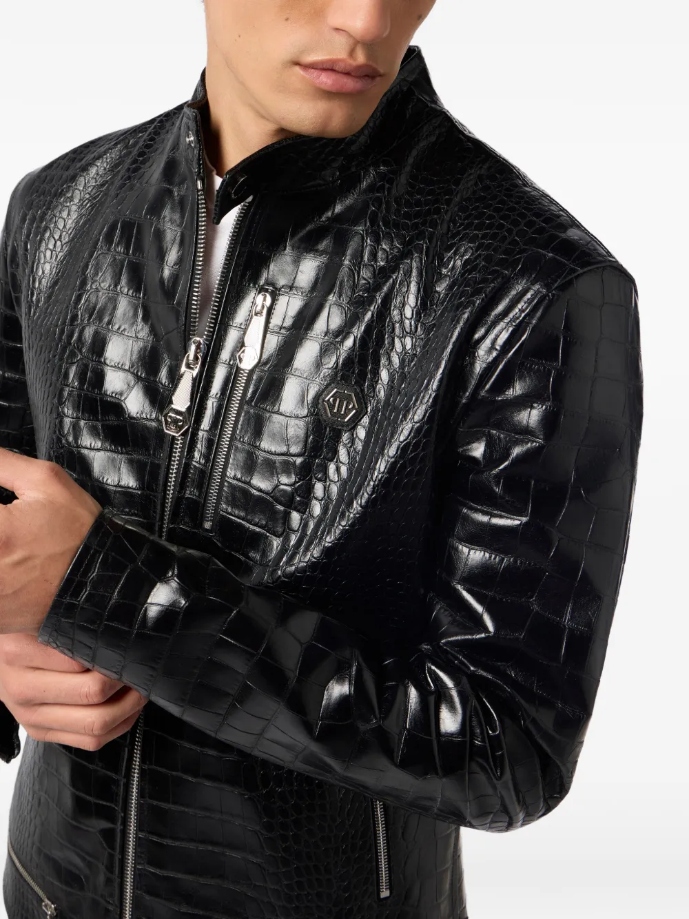 Philipp Plein Leren jack met krokodillen-print Zwart