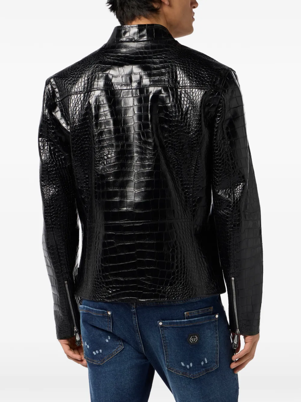 Philipp Plein Leren jack met krokodillen-print Zwart