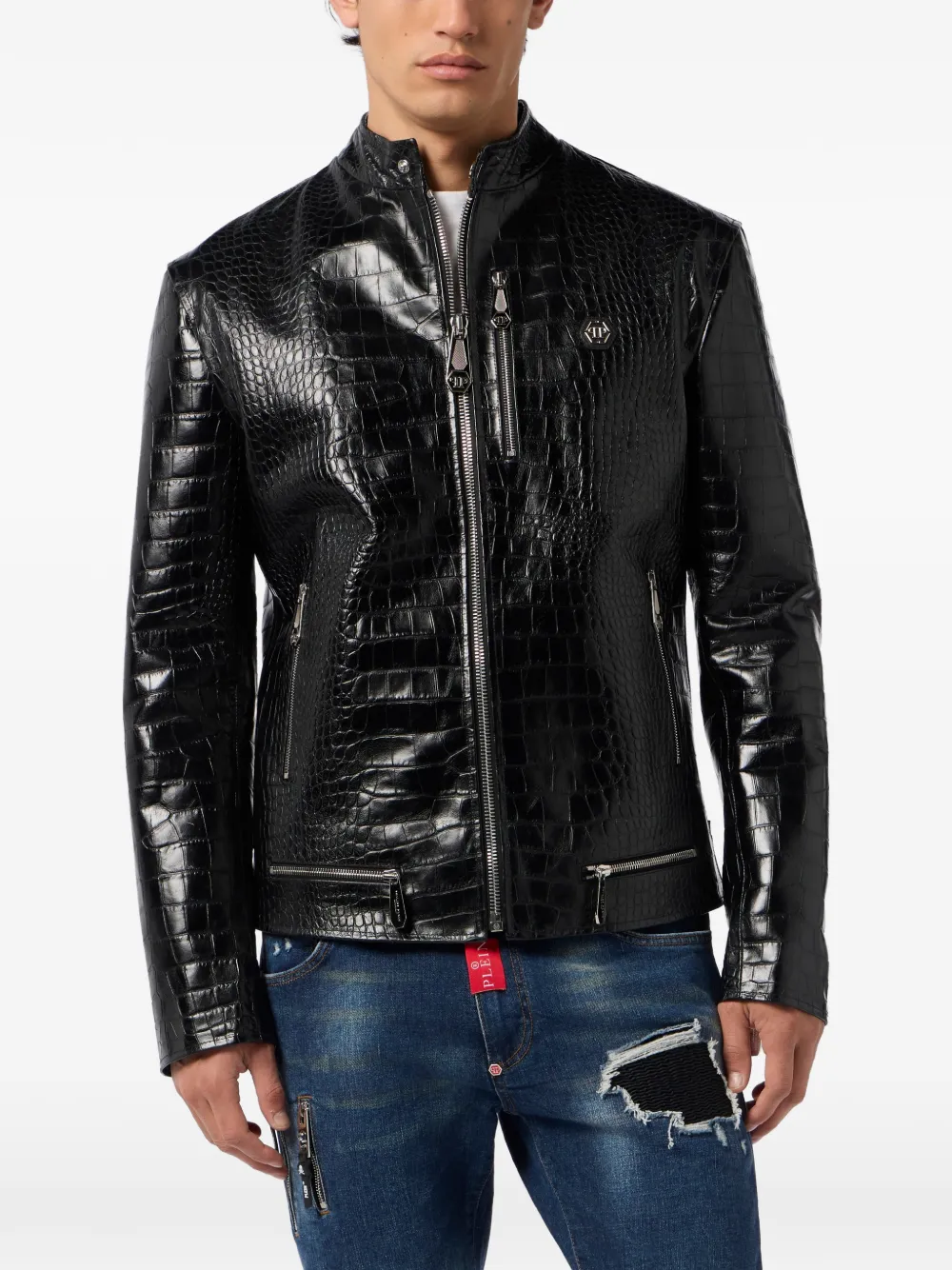 Philipp Plein Leren jack met krokodillen-print Zwart