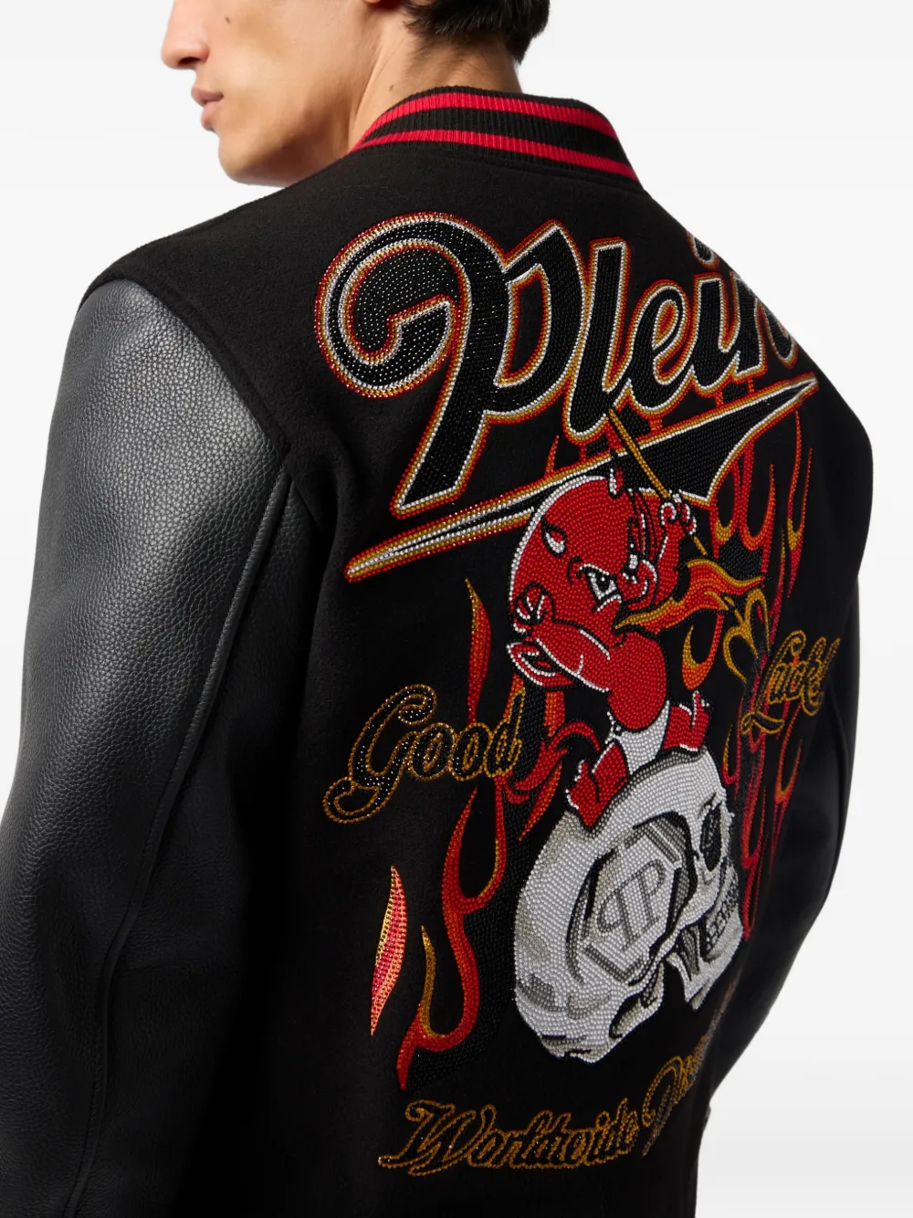 Philipp Plein Bomberjack met leren mouwen en doodskop Zwart