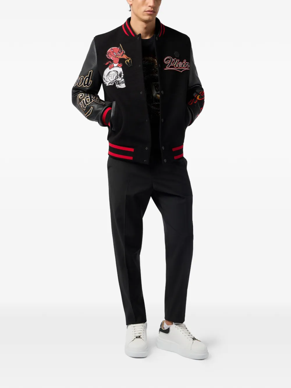 Philipp Plein 皮质衣袖骷髅头细节飞行员夹克 | 飞行员夹克