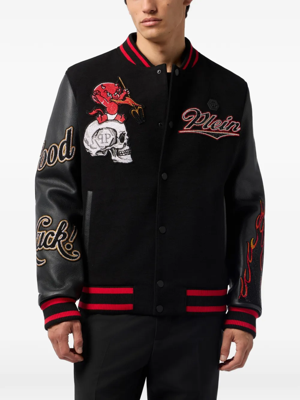 Philipp Plein Bomberjack met leren mouwen en doodskop Zwart