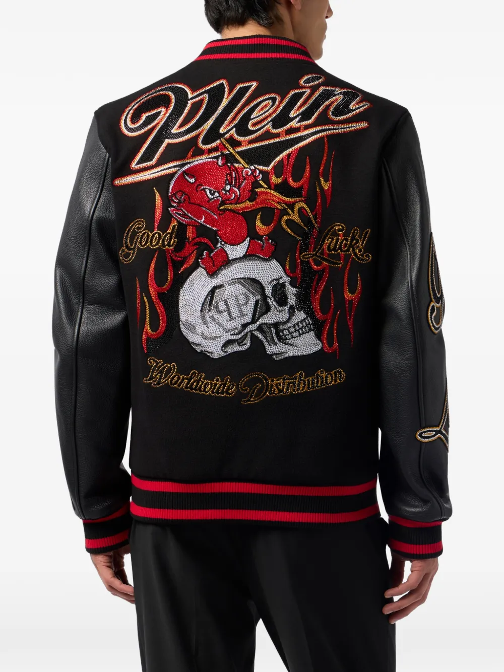 Philipp Plein Bomberjack met leren mouwen en doodskop Zwart