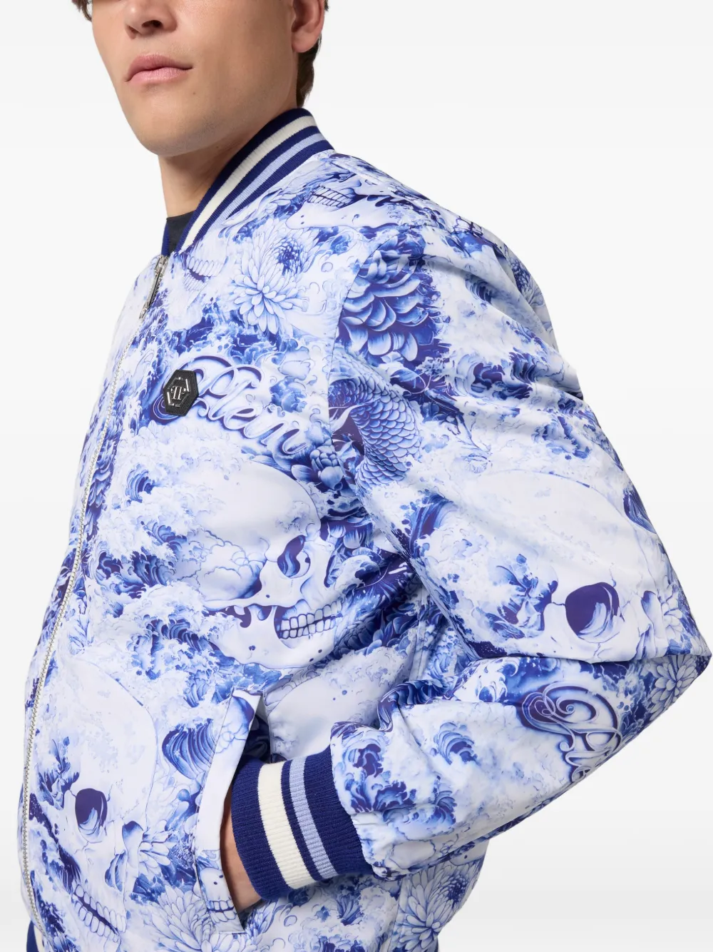 Philipp Plein Bomberjack met doodskop en bloemenprint Wit