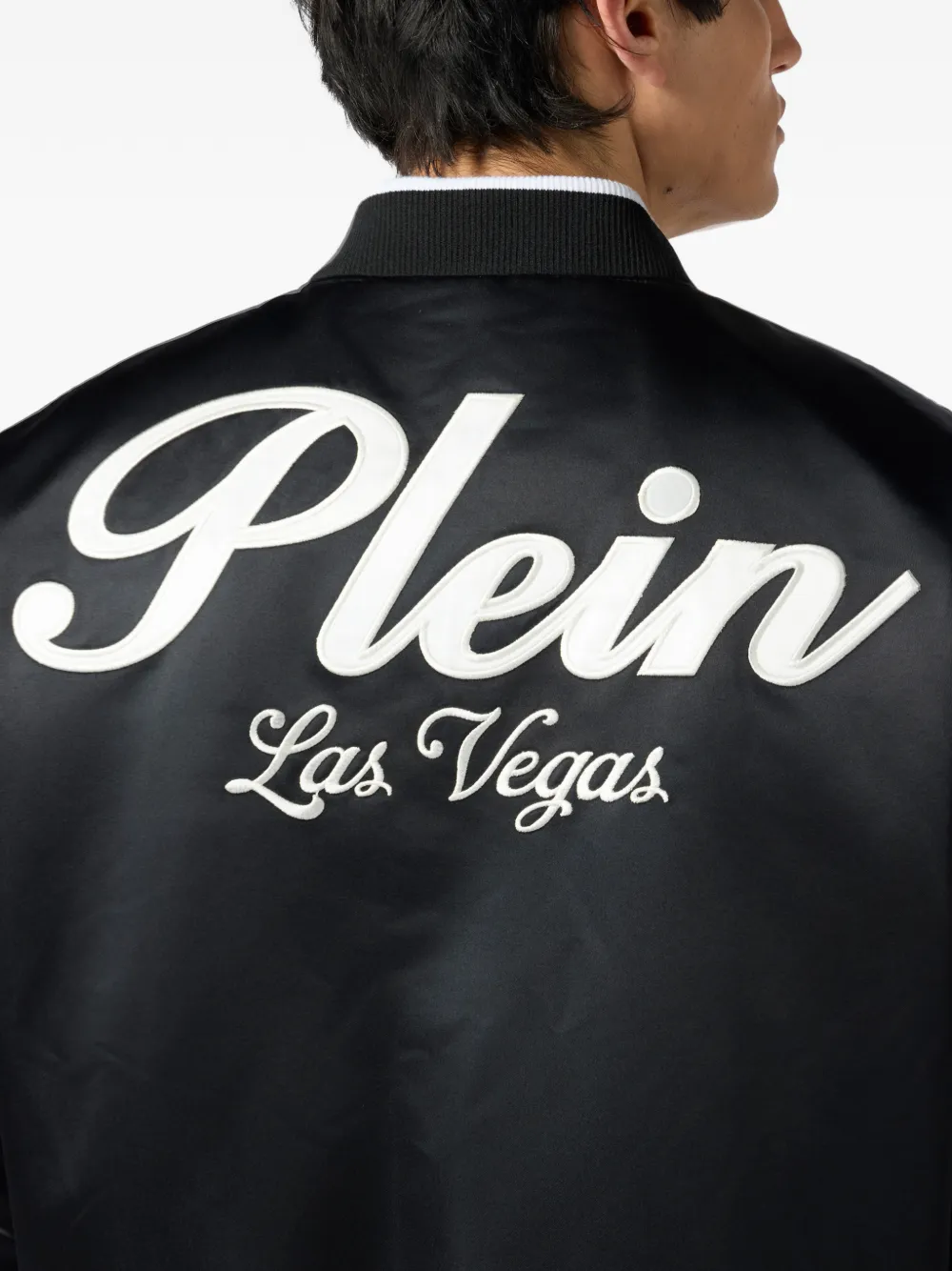 Philipp Plein Glanzend satijnen bomberjack met kenmerkend Las Vegas design Zwart