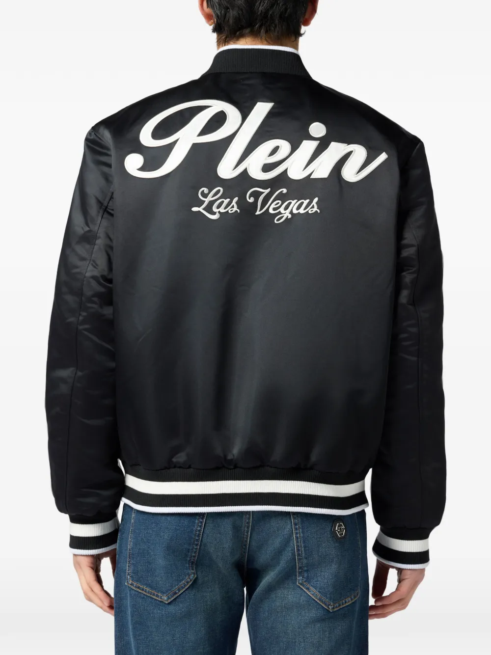 Philipp Plein Glanzend satijnen bomberjack met kenmerkend Las Vegas design Zwart