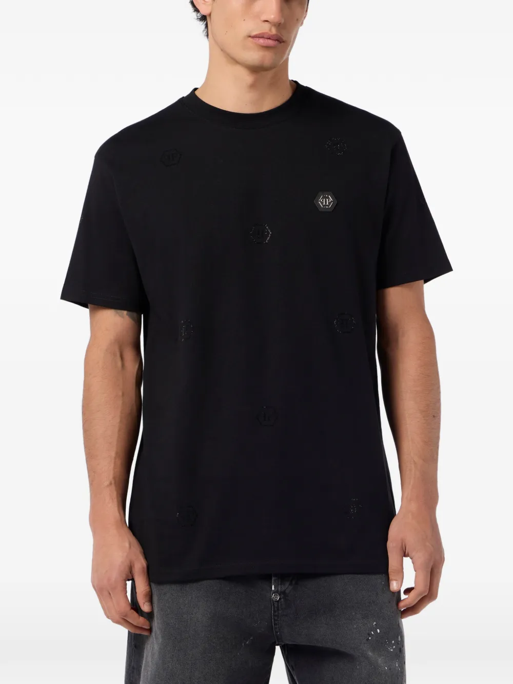 Philipp Plein T-shirt met ronde hals en monogram Zwart