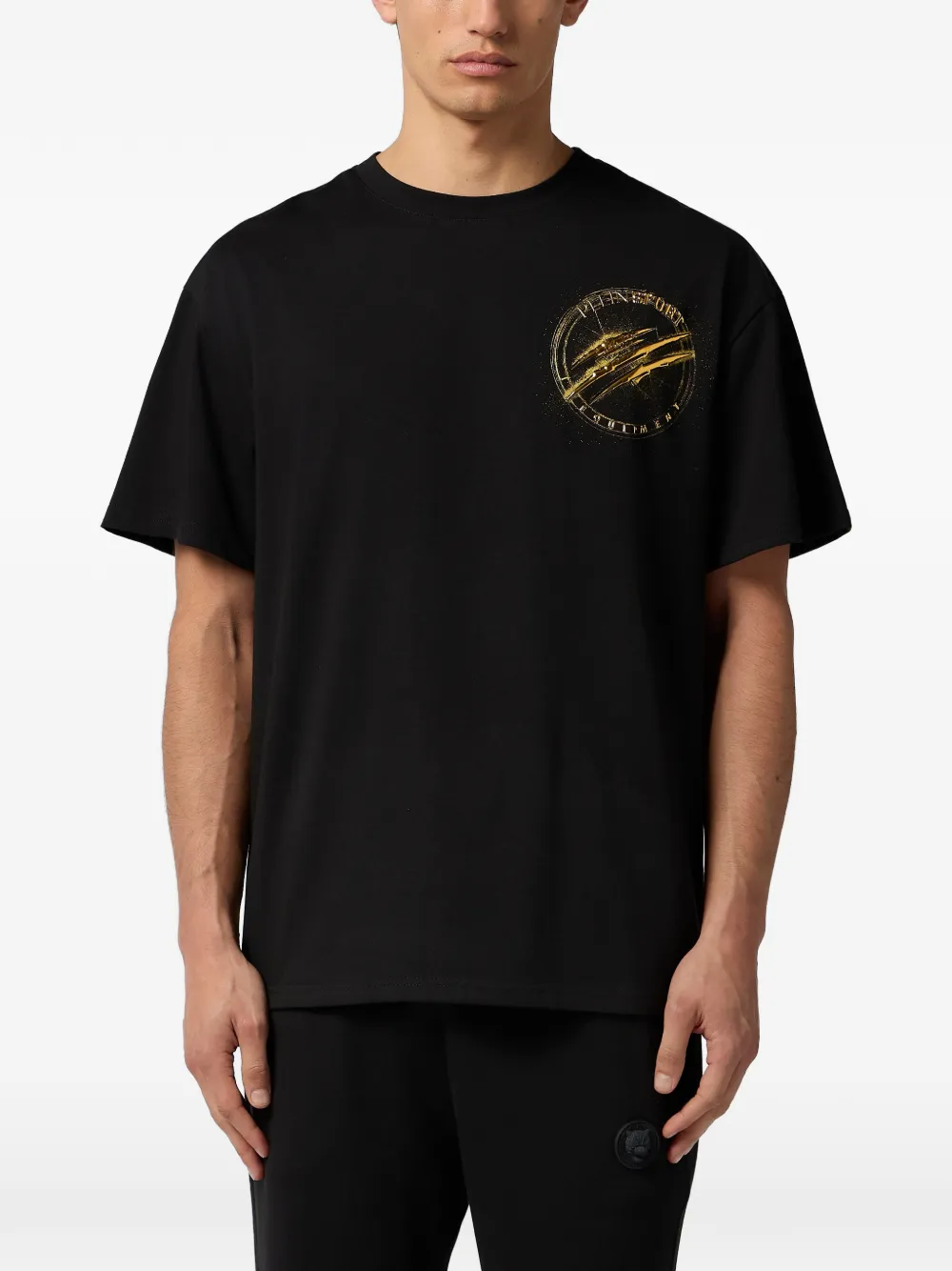 Plein Sport T-shirt met rubberen print en ronde hals Zwart