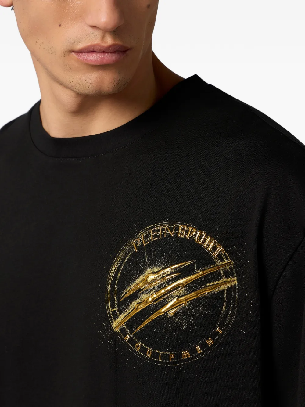 Plein Sport T-shirt met rubberen print en ronde hals Zwart