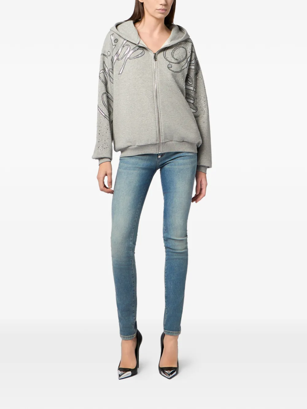 Philipp Plein Chenille hoodie met stras en rits Grijs