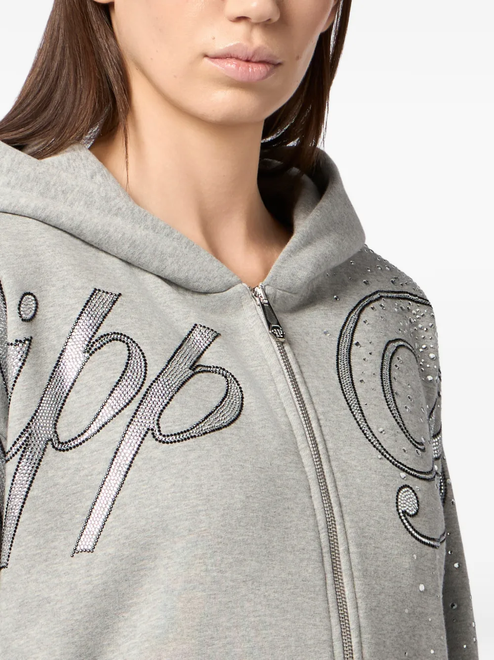 Philipp Plein Chenille hoodie met stras en rits Grijs
