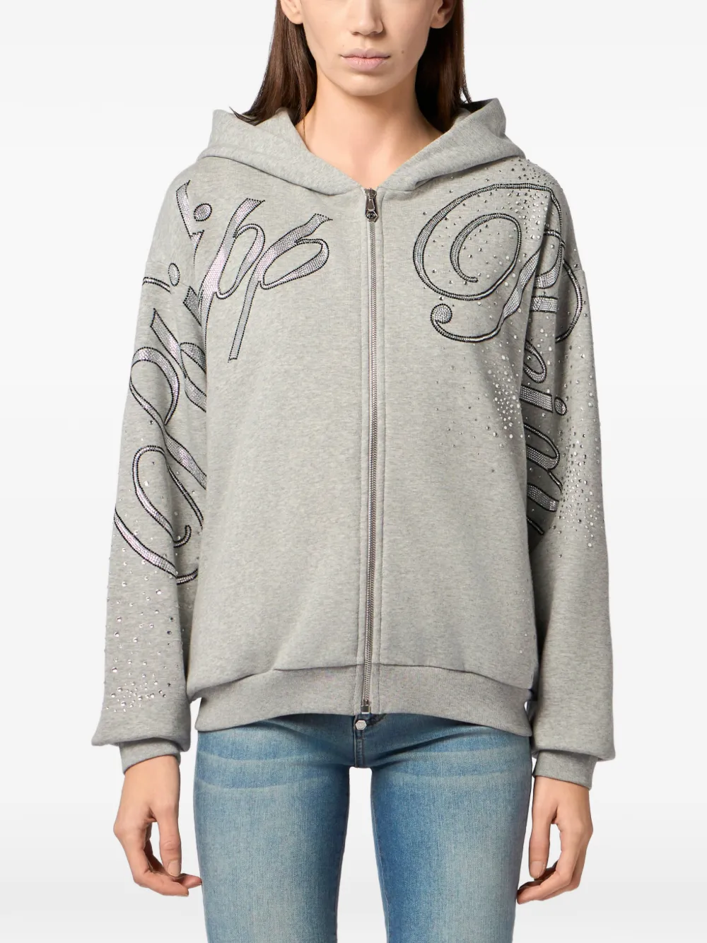 Philipp Plein Chenille hoodie met stras en rits Grijs