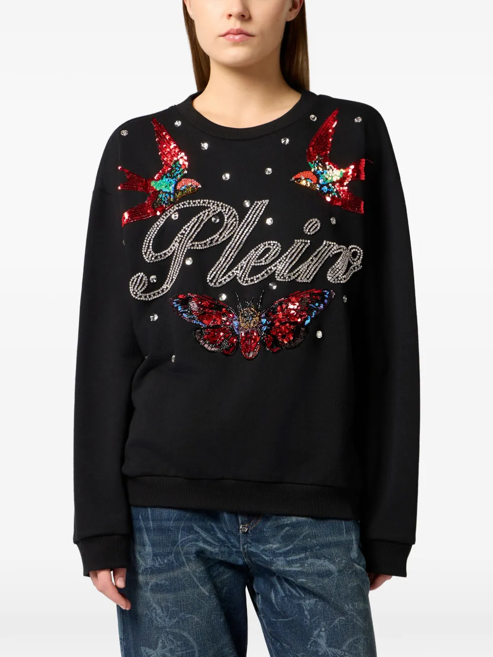 Philipp Plein Sweater met open rug en stras Zwart