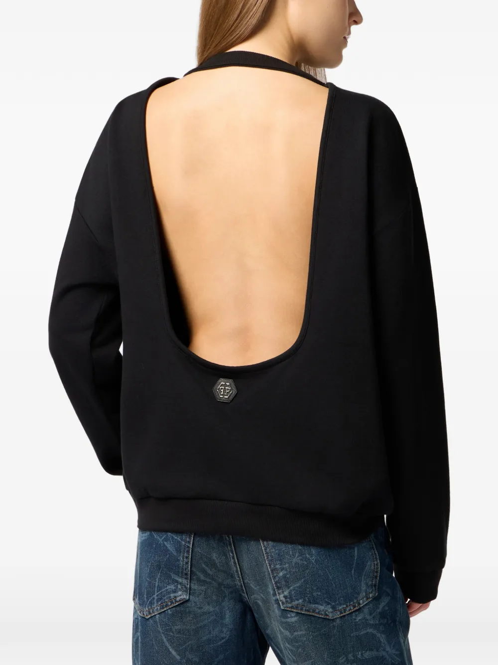 Philipp Plein Sweater met open rug en stras Zwart