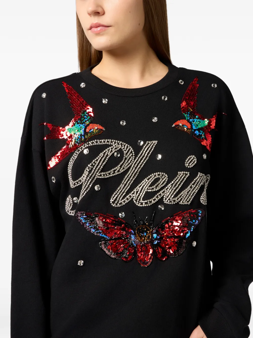 Philipp Plein Sweater met open rug en stras Zwart
