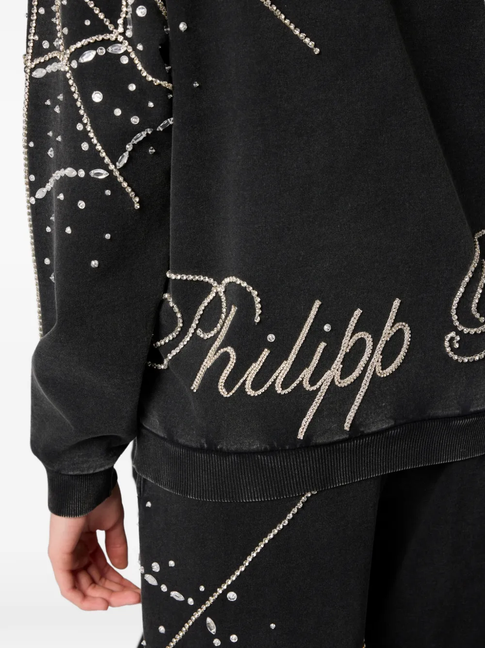 Philipp Plein Sweater met ronde hals en spinnenweb stras Zwart