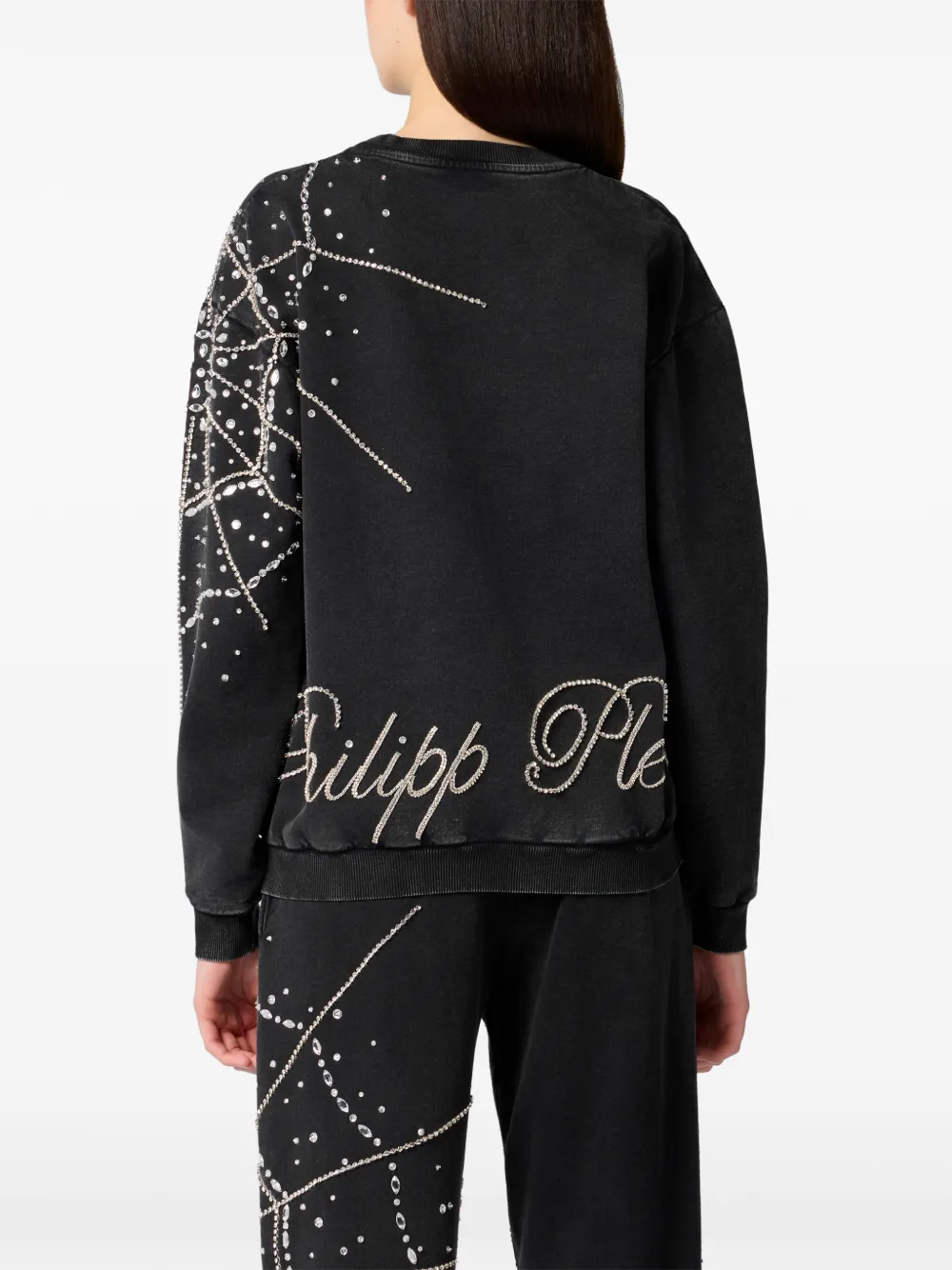 Philipp Plein Sweater met ronde hals en spinnenweb stras Zwart